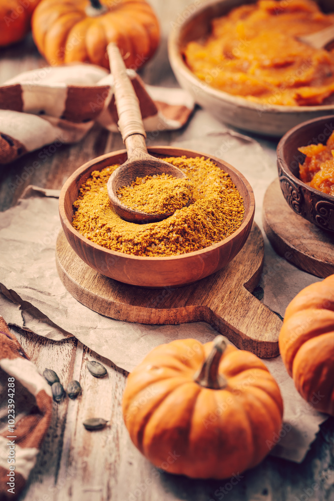 Pumpkin seasoning mix with pumpkin puree, organic mixed spices on kitchen table Pumpkin seasoning mix with pumpkin puree, organic mixed spices on kitchen table