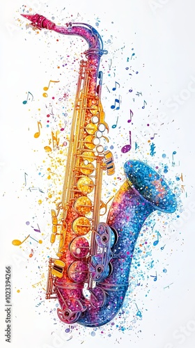 A stunning portrayal of a saxophone amidst a burst of swirling, colorful music notes symbolizing the energized human emotions that music brings to life. photo