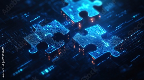 This image shows glowing blue circuit board puzzle pieces, symbolizing technology, innovation, and the interconnected nature of modern digital solutions.