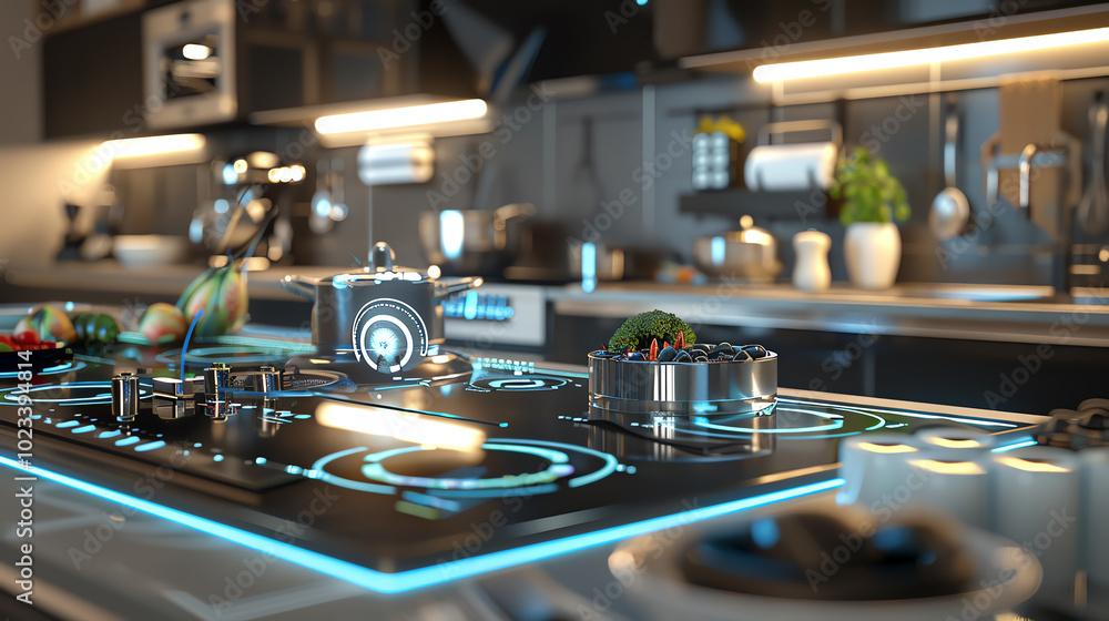 Capture a high-angle view of a sleek, futuristic kitchen with holographic cooking tools merging with traditional culinary elements, rendered in photorealistic digital art Capture a high-angle view of a sleek, futuristic kitchen with holographic cooking tools merging with traditional culinary elements, rendered in photorealistic digital art