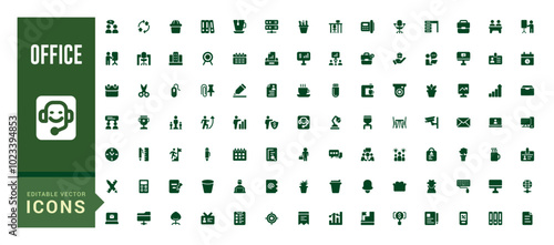 Office solid icons set. Related to briefcase, desk, computer, meeting. Glyph icon collection for web and ui. Filled icon set, Editable and Vector illustration.