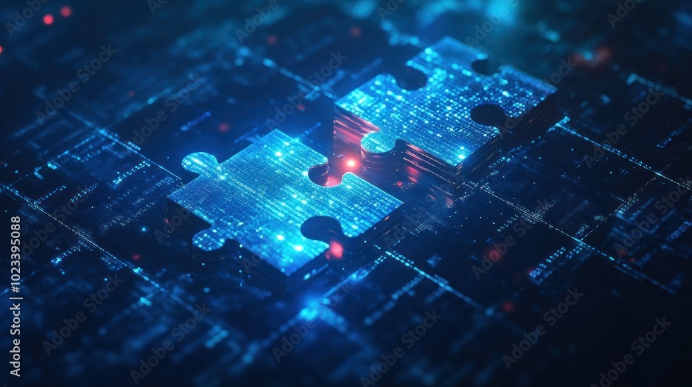 An abstract digital illustration of glowing blue puzzle pieces interconnected on a binary code background, symbolizing technology integration, problem-solving, and digital innovation. An abstract digital illustration of glowing blue puzzle pieces interconnected on a binary code background, symbolizing technology integration, problem-solving, and digital innovation.