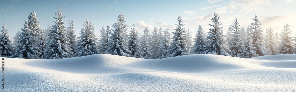 Obraz premium Snow-covered fir trees and snowdrifts create a winter fairytale landscape for the holidays