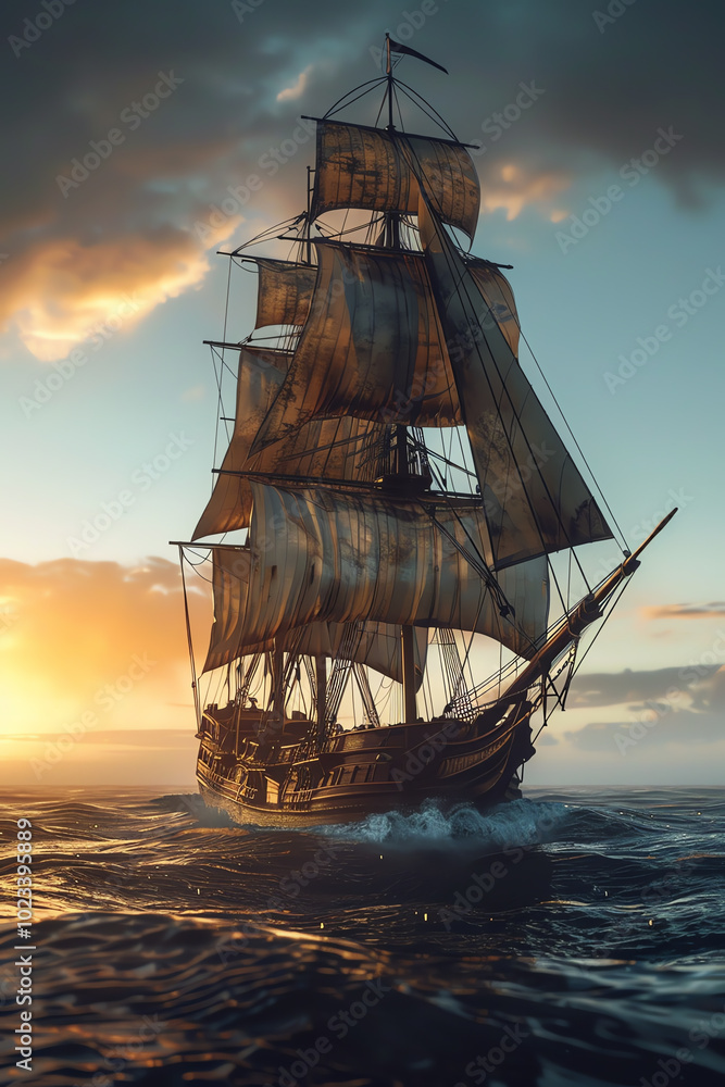 Capture the essence of maritime adventures in a minimalistic design with an unexpected camera angle Using digital rendering techniques, showcase a ship sailing at eye-level with dramatic lighting Capture the essence of maritime adventures in a minimalistic design with an unexpected camera angle Using digital rendering techniques, showcase a ship sailing at eye-level with dramatic lighting