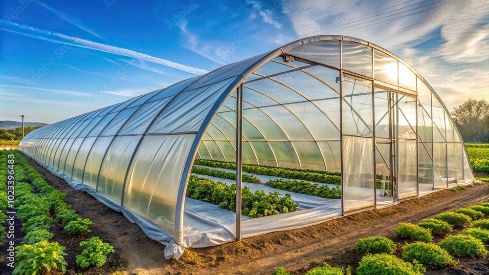 Greenhouse hoop house on farm with fabric tunnels Greenhouse hoop house on farm with fabric tunnels