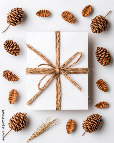 Wrapped gift box with twine and decorative pine cones on a white background.