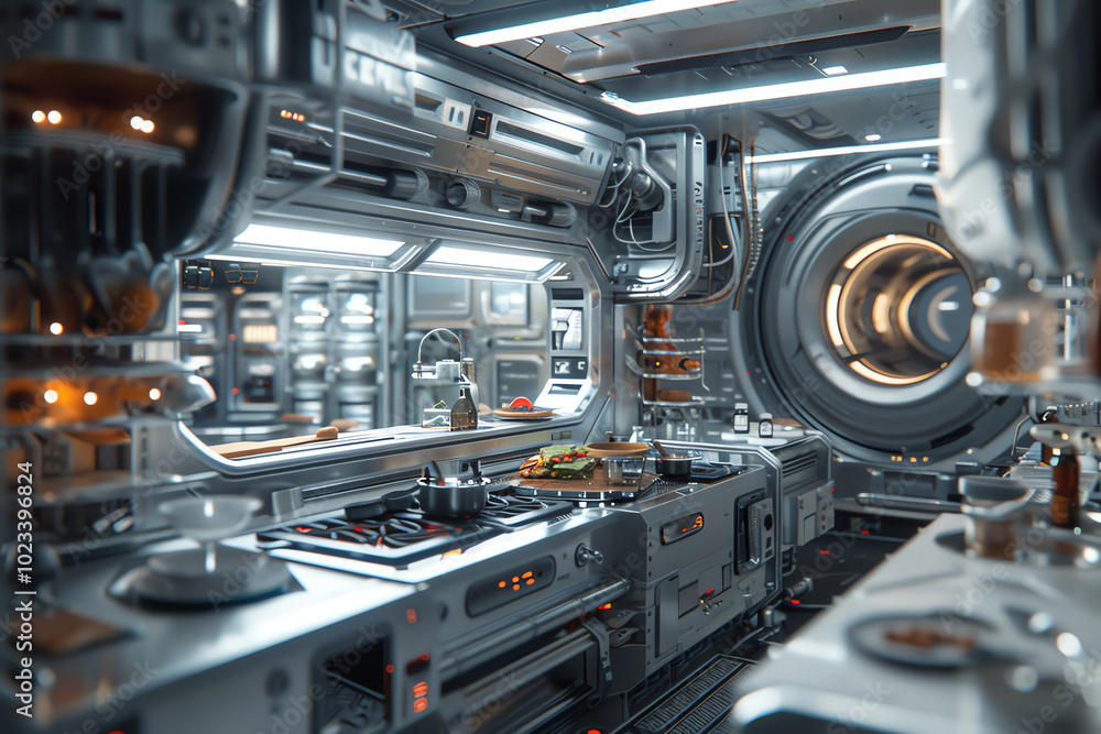 Craft a captivating scene with a high-angle view of a culinary masterpiece set in a futuristic space station kitchen, blending the essence of space exploration with the fine details of macro photograp Craft a captivating scene with a high-angle view of a culinary masterpiece set in a futuristic space station kitchen, blending the essence of space exploration with the fine details of macro photograp