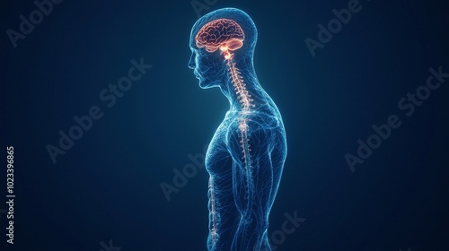 Anatomy of the brain and nerves in a 3D illustration of the male human body skeleton