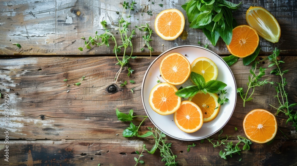 Fresh Citrus Slices with Herbs on Wooden Table Fresh Citrus Slices with Herbs on Wooden Table