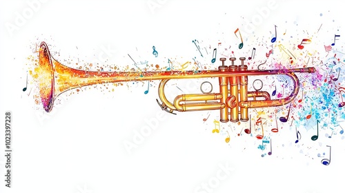 A vivid digital artwork of a trumpet surrounded by colorful musical notes, symbolizing artistic expression and musical harmony in a modern abstract style.