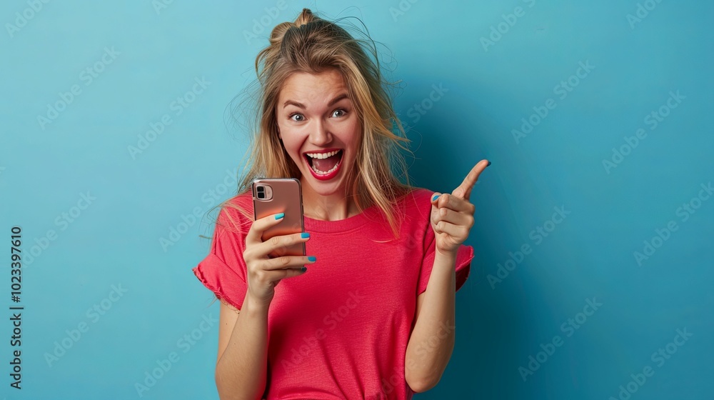 Excited Woman Holding Phone and Pointing Right Excited Woman Holding Phone and Pointing Right