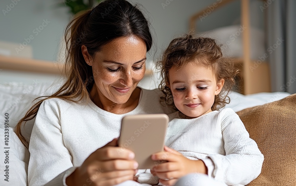 Mother and child using smartphones for a video call, warm family moment, stock photo style Mother and child using smartphones for a video call, warm family moment, stock photo style