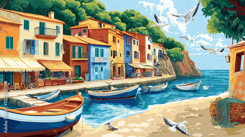 illustration of a quaint Mediterranean fishing village with colorful houses, fishing boats docked by the shore, and nets hanging out to dry. Include details like seagulls.