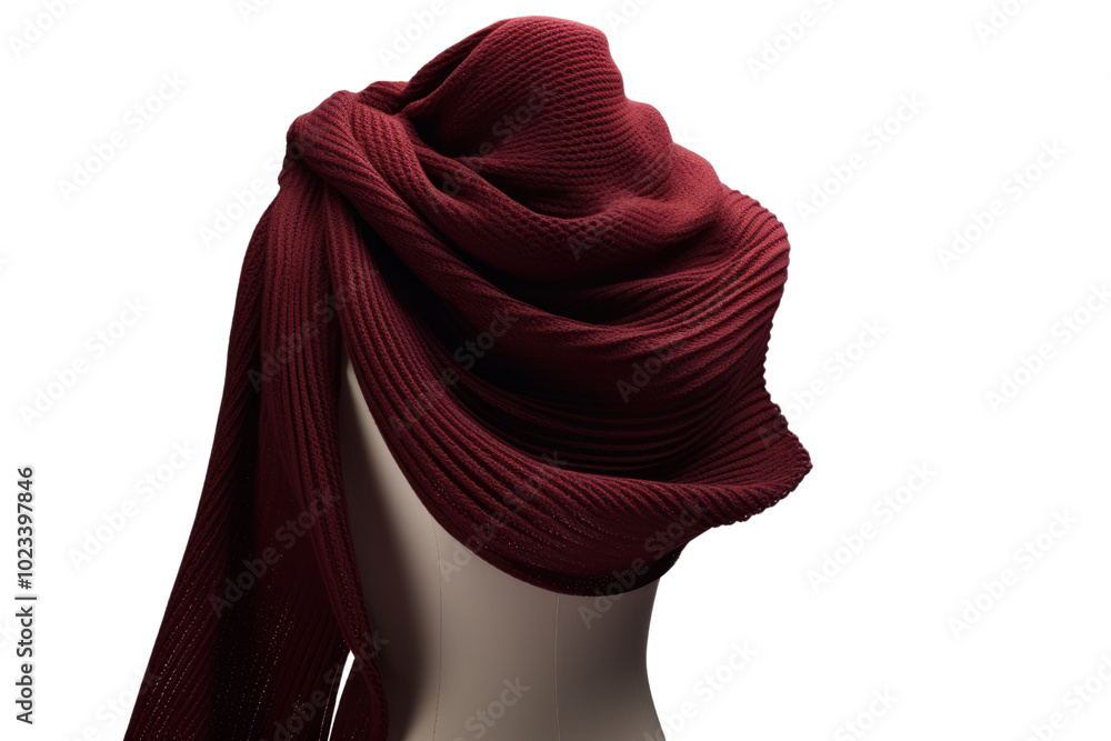 Cozy, knitted scarf in rich burgundy color, draped elegantly on a white surface with soft lighting highlighting its texture Cozy, knitted scarf in rich burgundy color, draped elegantly on a white surface with soft lighting highlighting its texture