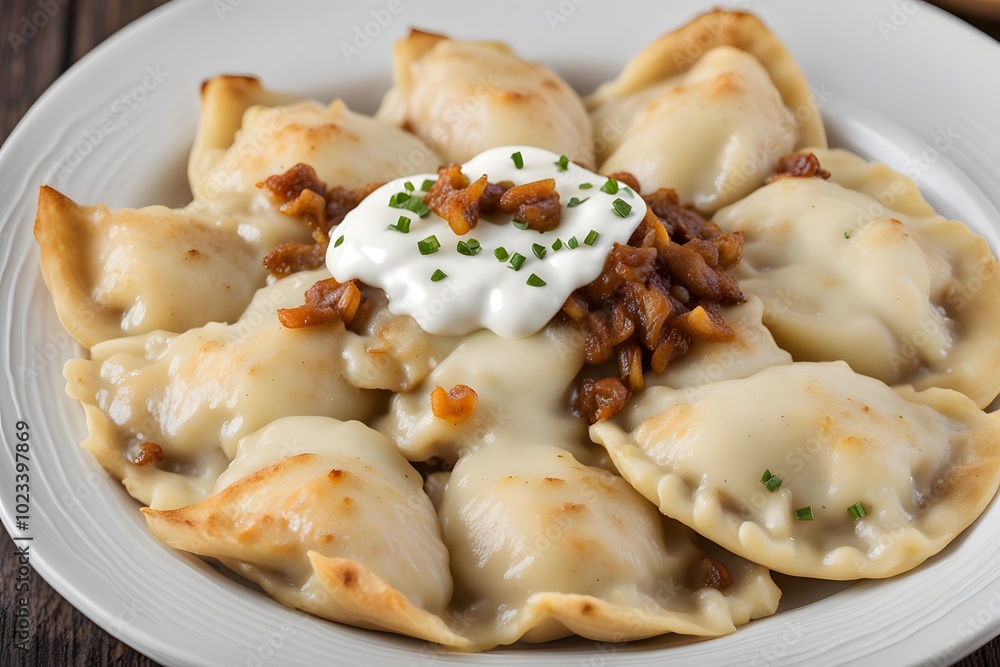 A bowl of creamy polish pierogi filled with mashed potatoes and cheese, Ai generated A bowl of creamy polish pierogi filled with mashed potatoes and cheese, Ai generated
