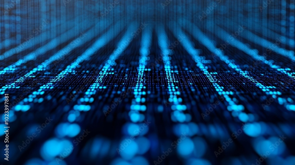 Blue matrix of streaming code lines, symbolizing big data and AI, perfect for quantum computing concepts