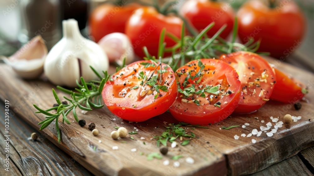 Fresh Tomato Slices on Rustic Wooden Board Fresh Tomato Slices on Rustic Wooden Board