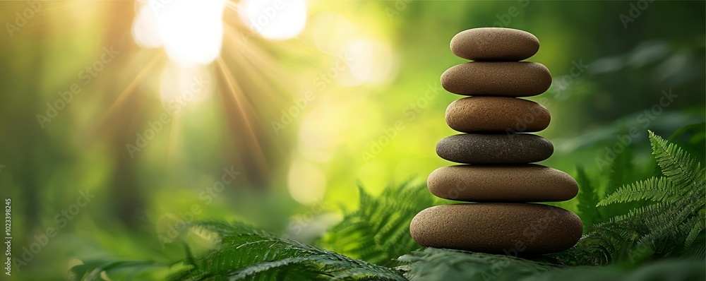 Obraz premium Harmonious stack of stones in a lush forest, with beams of morning light, creating a backdrop for meditation and concentration