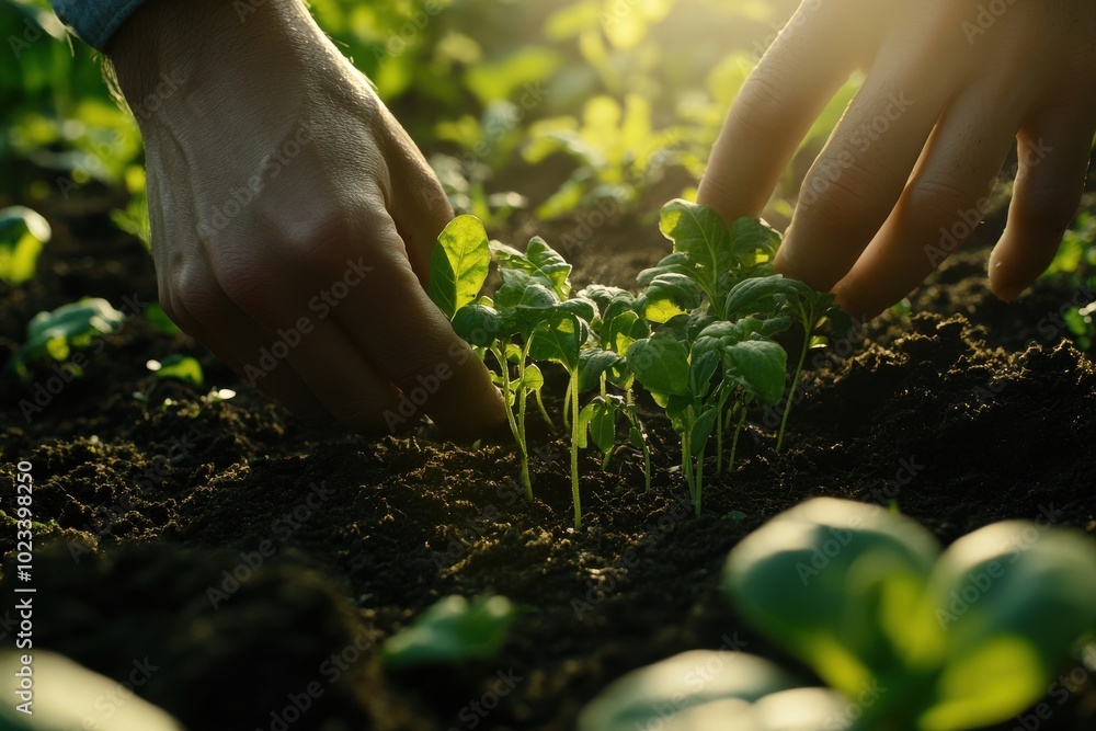 Fototapeta premium Hands planting green seedlings in rich soil, close-up shot, sunlight filtering through garden leaves