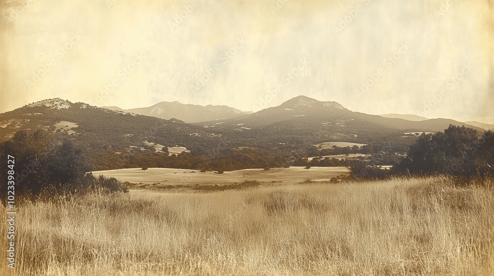 Fototapeta premium Vintage sepia-toned landscape of rolling hills and fields with a grainy texture.