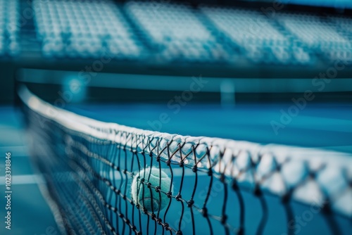 Tennis ball stuck in net on an empty court photo