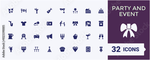 Party and Event planning solid icons set. Event organisation icons for web and ui, wedding, entertainment, Editable and pixel perfect filled icon collection.