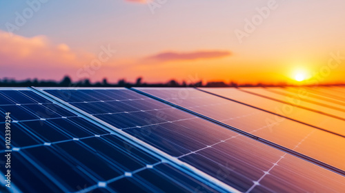 Solar panels bathed in the golden glow of a sunset.