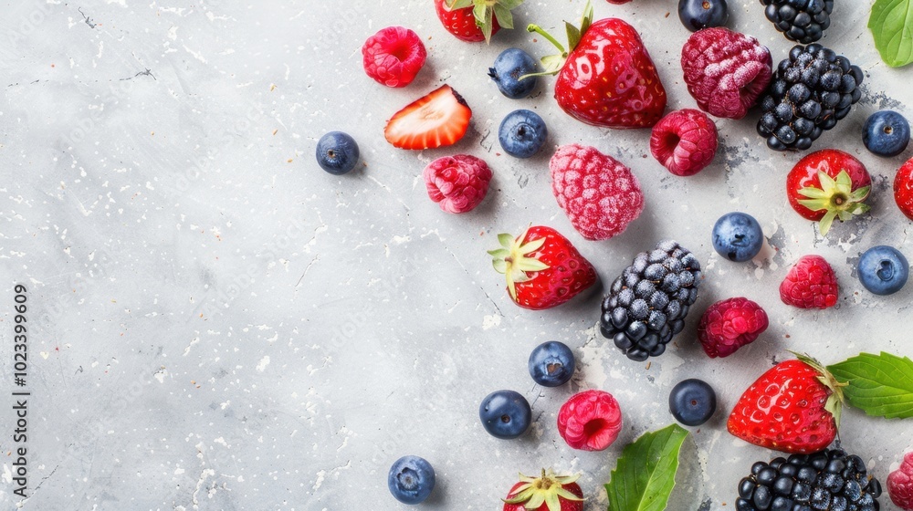 Fresh Mixed Berries on Gray Background Fresh Mixed Berries on Gray Background