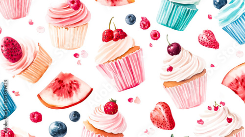 cupcake pattern with many berries on the white background