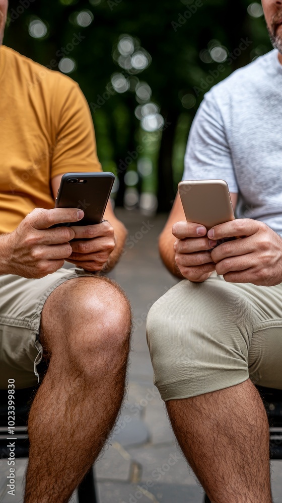 Friends using smartphones to make plans for the weekend while sitting in a park, relaxed and casual, stock photo style Friends using smartphones to make plans for the weekend while sitting in a park, relaxed and casual, stock photo style