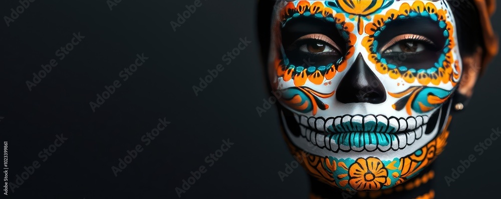 Close-up of a person with intricate sugar skull makeup, representing cultural celebration and artistry with vibrant colors and designs. Close-up of a person with intricate sugar skull makeup, representing cultural celebration and artistry with vibrant colors and designs.