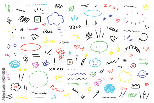 Hand drawn marker simple elements set. Grunge doodle underlines, icons, emphasis, speech bubbles, arrows and shapes. Vector illustration isolated on white background.