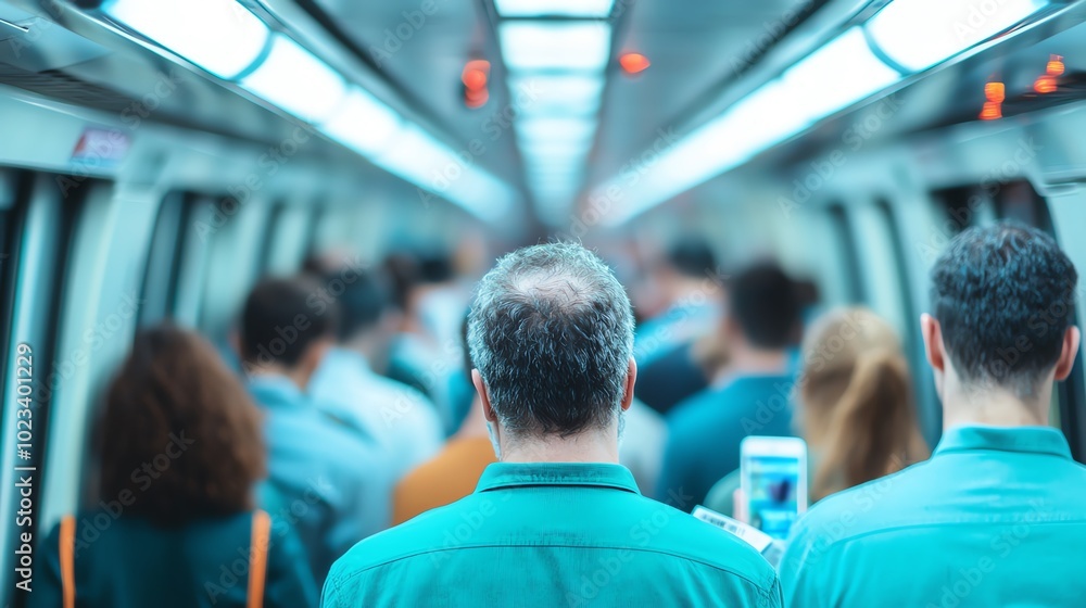 A crowded city subway during rush hour, bright fluorescent lighting, captured from eyelevel People reading newspapers, scrolling through phones, and standing near the doors A crowded city subway during rush hour, bright fluorescent lighting, captured from eyelevel People reading newspapers, scrolling through phones, and standing near the doors