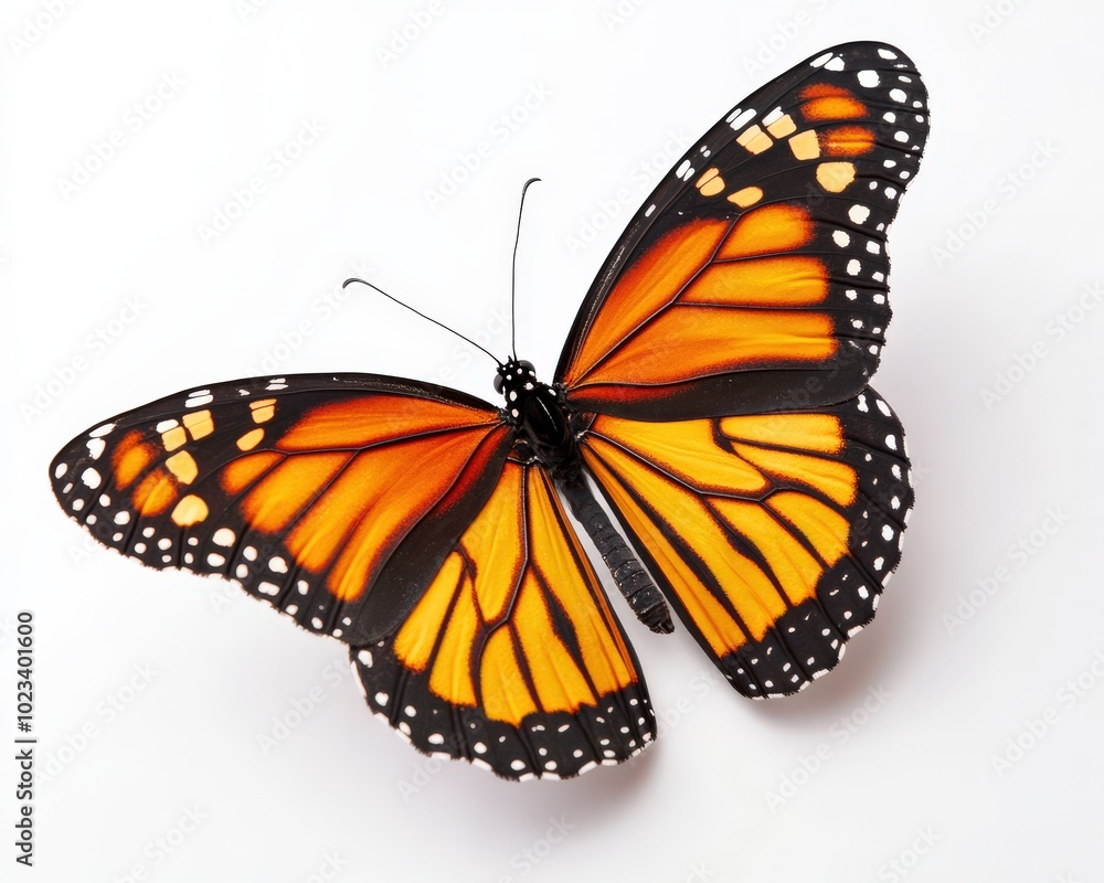 Fototapeta premium Monarch Butterfly On White. Beauty and Elegance of a Cheerful Flying Insect