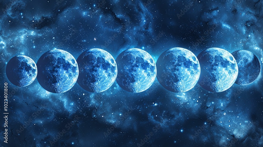 A Sequence of Blue Moons Against a Starry Night Sky A Sequence of Blue Moons Against a Starry Night Sky