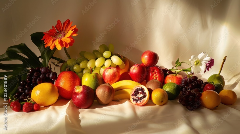 Fresh Fruits and Vibrant Flowers on Soft Fabric Fresh Fruits and Vibrant Flowers on Soft Fabric