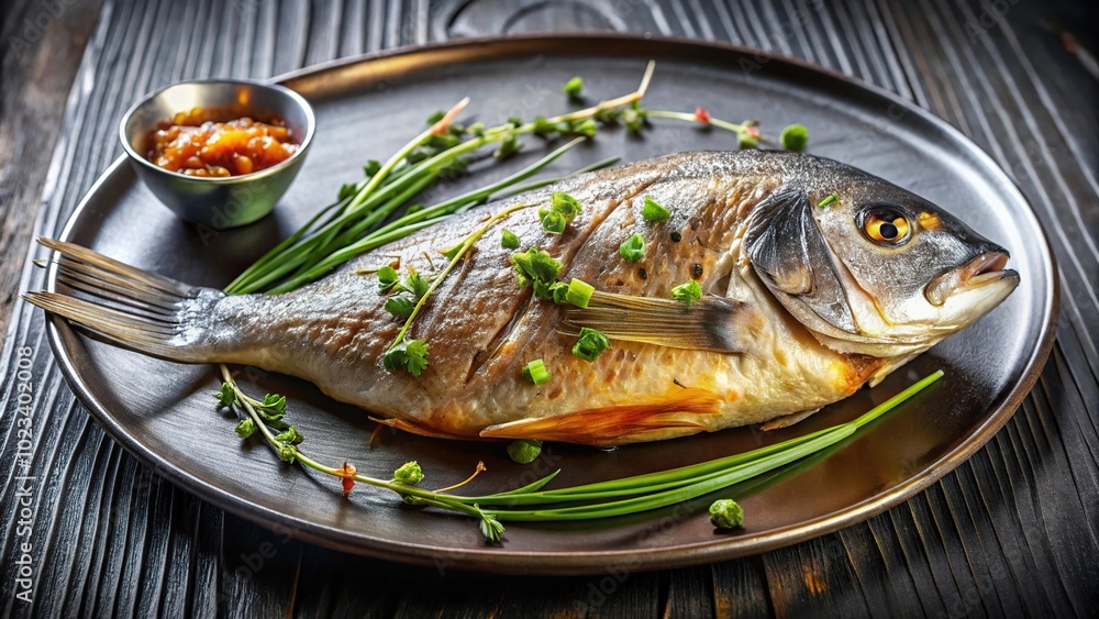 Grilled Black Bream on iron plate with sauce and chives Grilled Black Bream on iron plate with sauce and chives