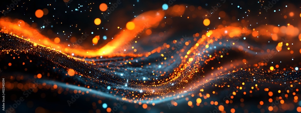 A glowing, undulating wave of data with lights and colors on a dark background, symbolizing the flow or movement of information in digital environments A glowing, undulating wave of data with lights and colors on a dark background, symbolizing the flow or movement of information in digital environments