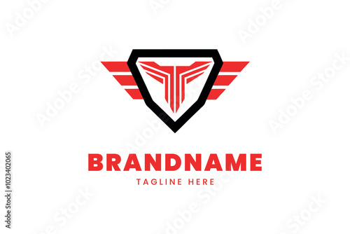 Winged T shield logo with red and black lines for strong brand identity