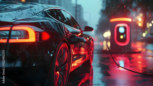 Rainy Night Cityscape with Electric Car Charging - 3D Illustration