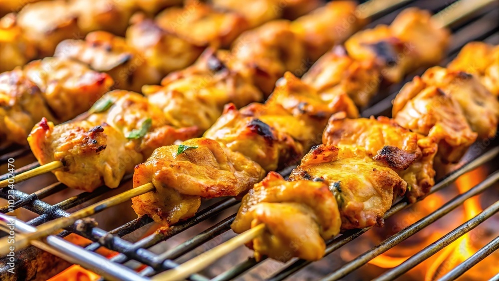 Grilled chicken satay skewers with sauce close-up Grilled chicken satay skewers with sauce close-up