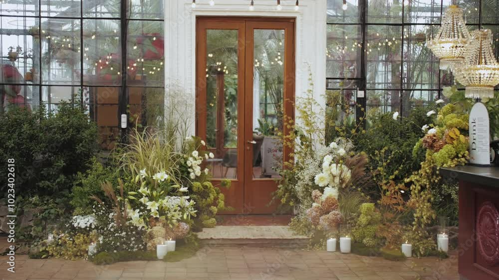 Beautiful and Inviting Floral Entrance Through an Open Greenhouse Door into Natures Wonders Beautiful and Inviting Floral Entrance Through an Open Greenhouse Door into Natures Wonders