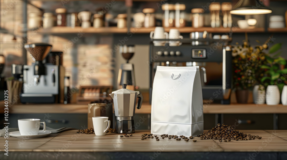 Fototapeta premium An inviting coffee shop scene, In a centre is copyspace, also depicted is a white paper bag, a beautiful mockup