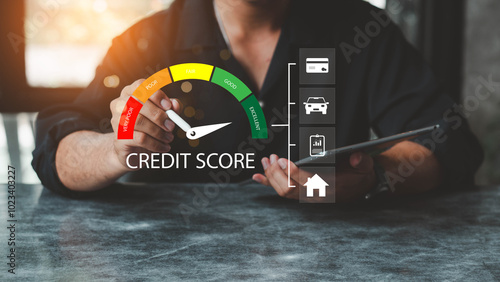 Businessman evaluate customer statistical data with credit score icon. Credit score concept.  Online credit score ranking check. Loan, mortgage and payment cards.