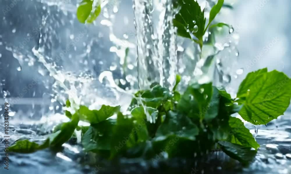 Water droplets falling and splashing in a serene, blurred environment. Water droplets falling and splashing in a serene, blurred environment.