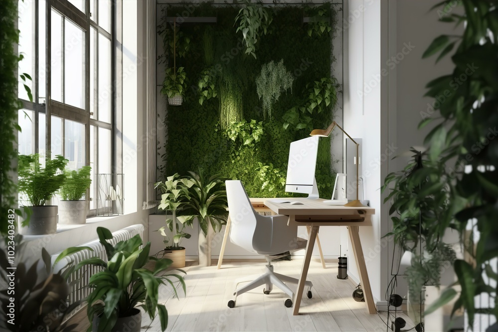 Fototapeta premium Eco-Friendly Workplace with Lush Green Plants and Sustainable Design