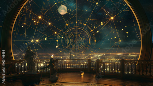 Cyber-baroque observatory, marble astronomers with digital telescopes, retrowave constellation maps, quantum orrery projections, virtual zodiac signs, glitching star charts, holographic planetary moti
