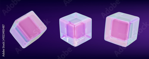 3d render glass neon cube set. Glossy crystal design collection rectangle shape. Contemporary glassmorphism. Vector illustration realistic neon prism. Gradient geometric box hologram effect y3k style