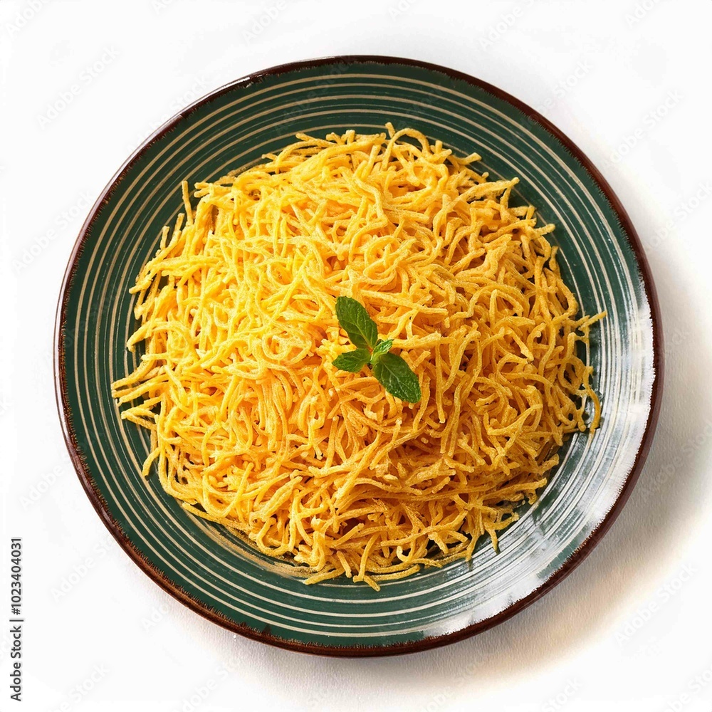 Besan sev in serving plate, indian snack Besan sev in serving plate, indian snack
