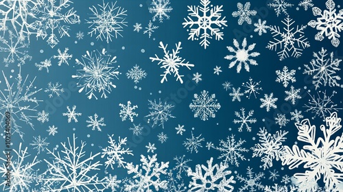 A beautiful blue background covered in white snowflakes of various sizes.